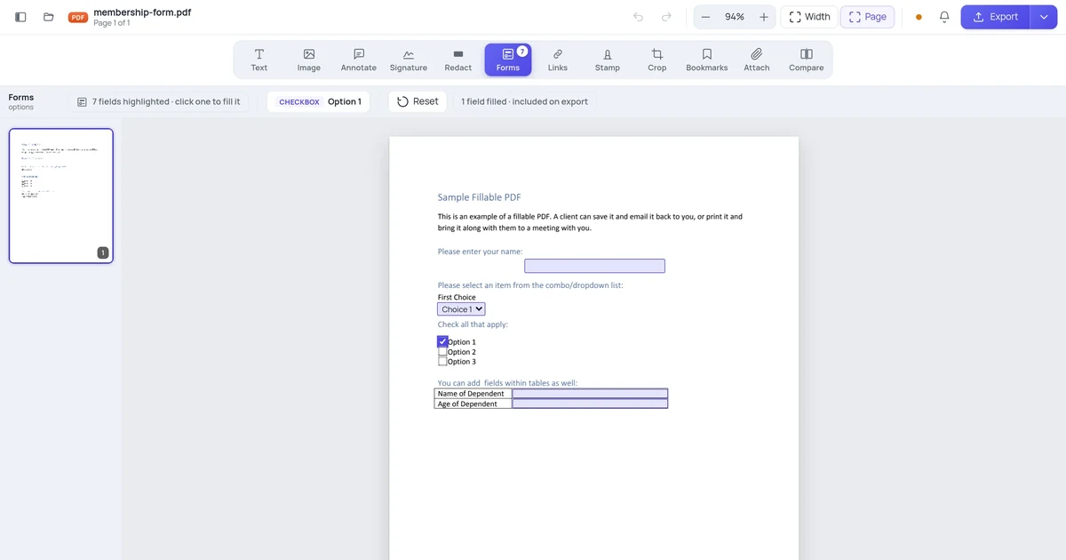 A filled-in PDF form in the Online PDF Edits editor with the flatten option shown in the export dialog