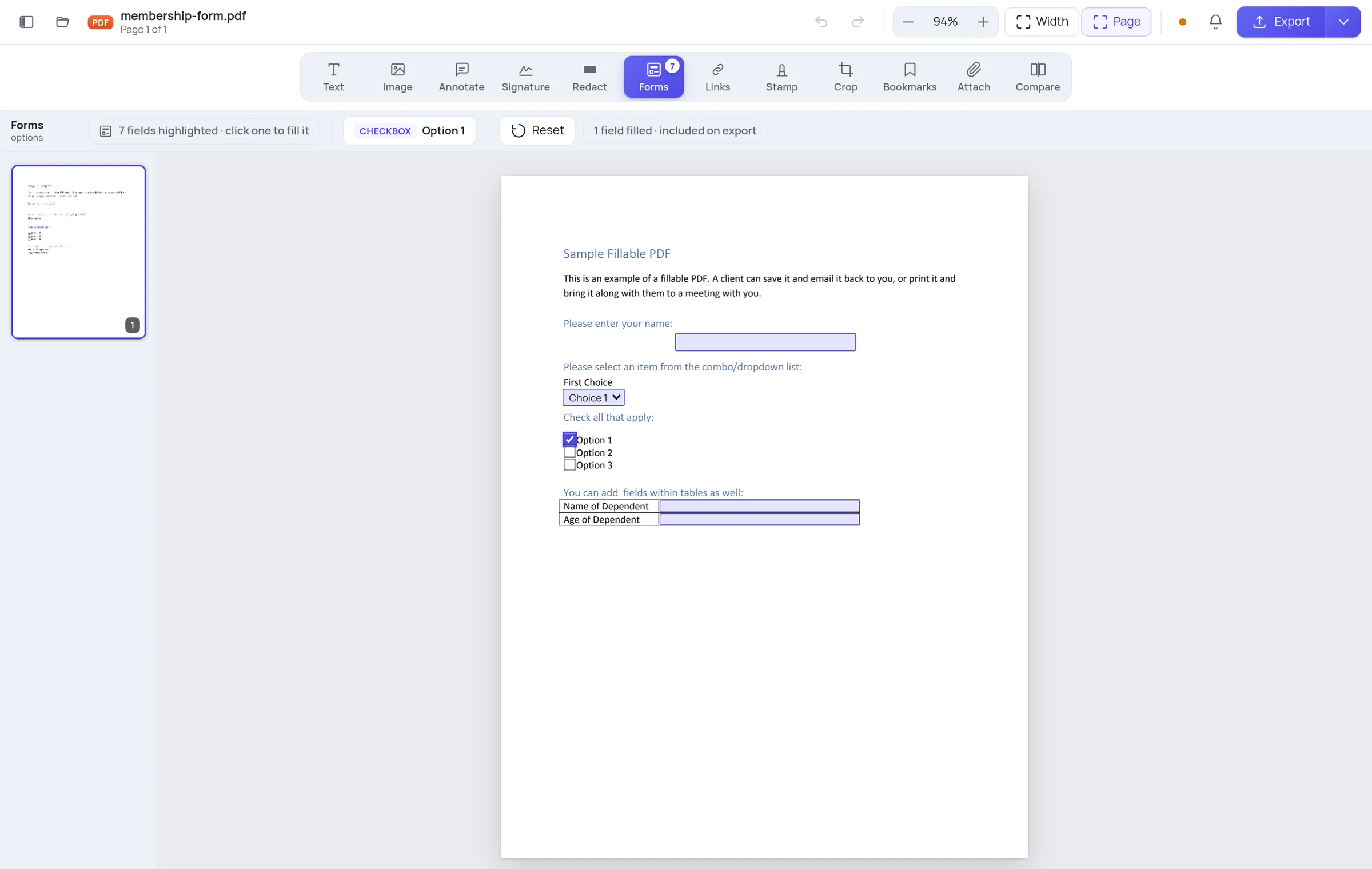 A PDF form filled in, with values in the text field and checkboxes ticked
