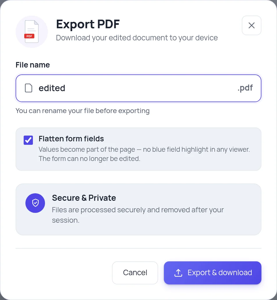 The export dialog for a document with form fields