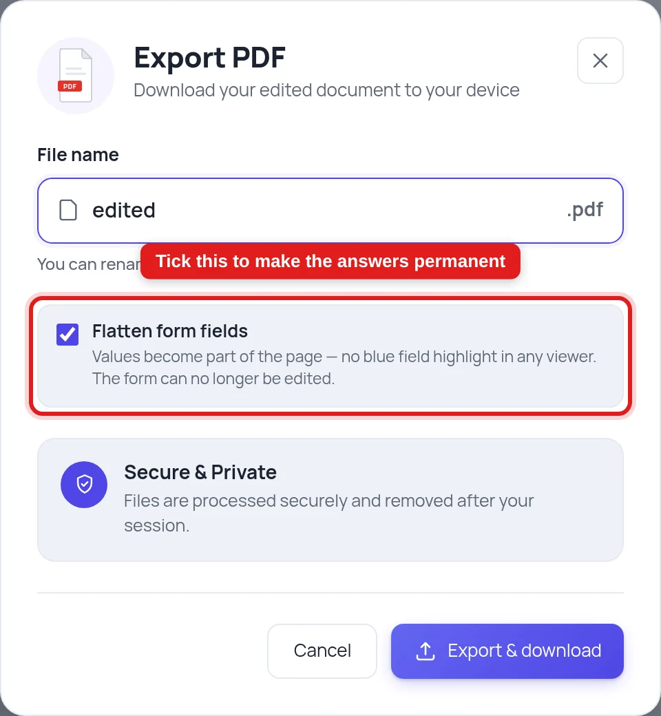 The flatten form fields option highlighted in the export dialog