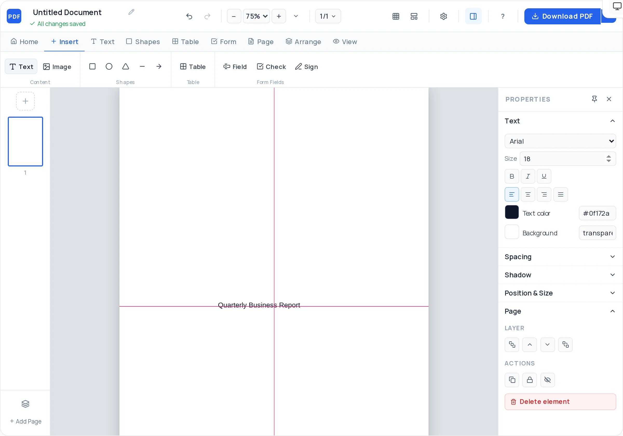 Editing text on a PDF page with font, size, and color controls