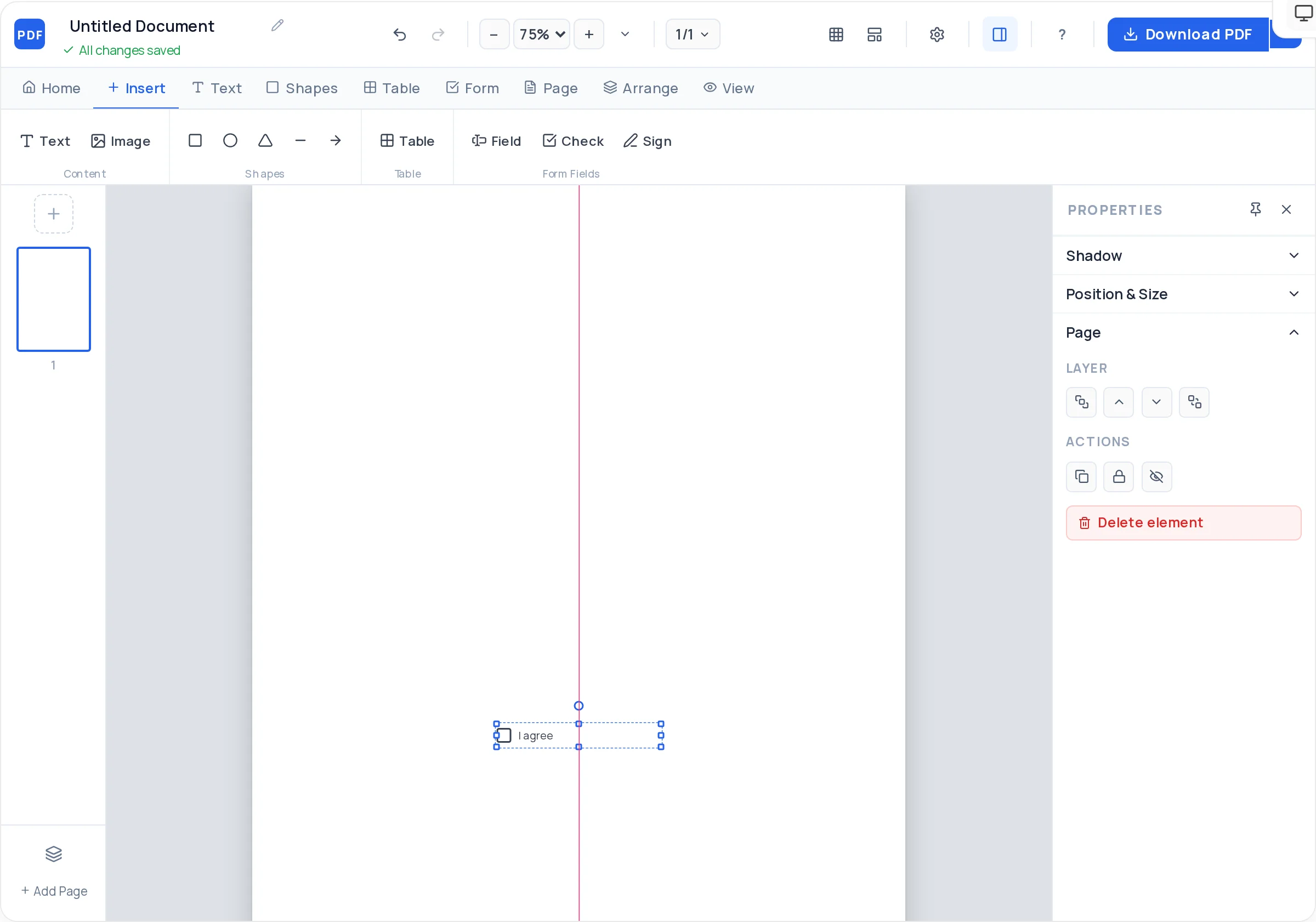 Smart alignment guides snapping an element into place in the PDF creator
