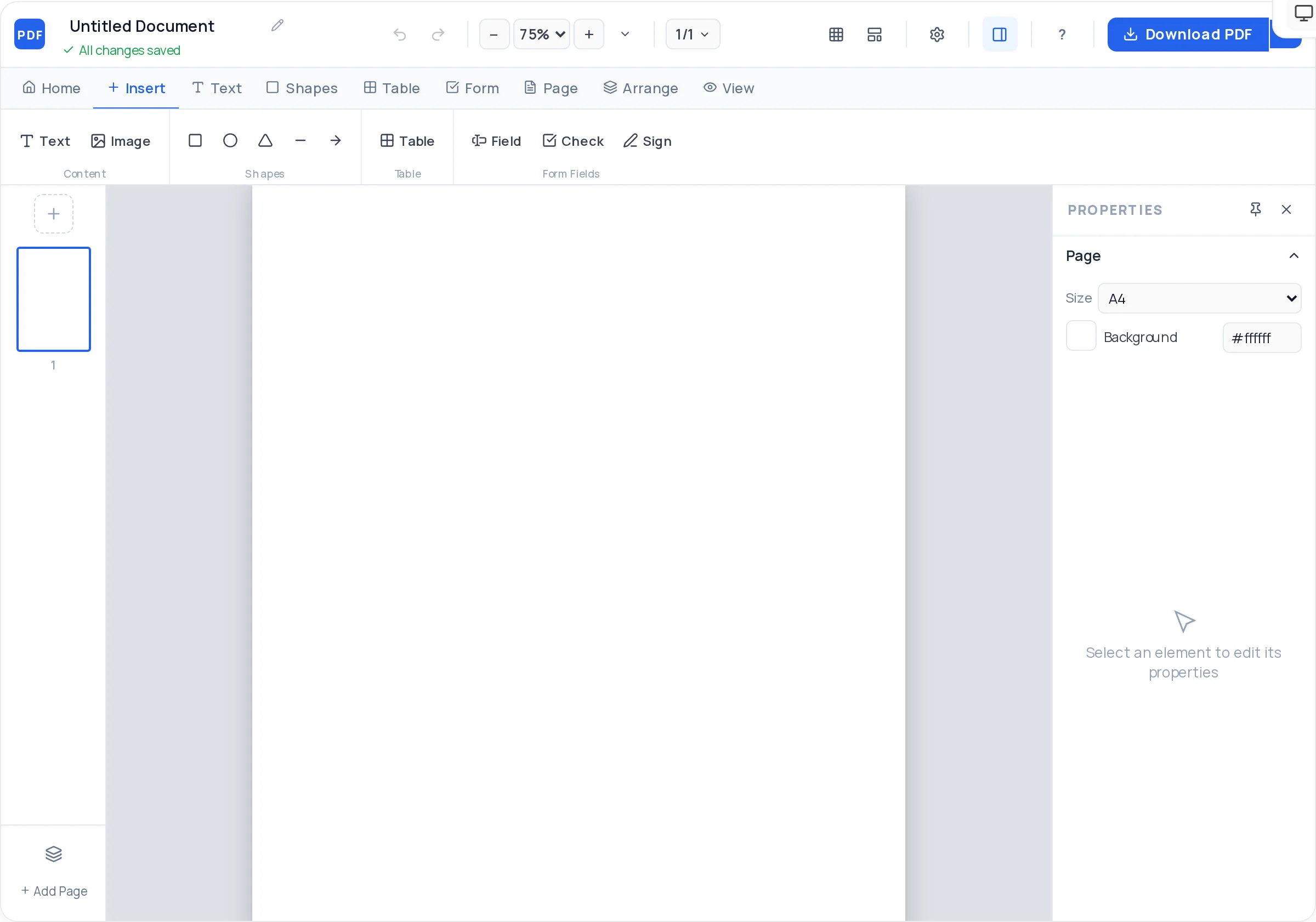Blank page in the free online PDF creator with toolbar, page list, and properties panel