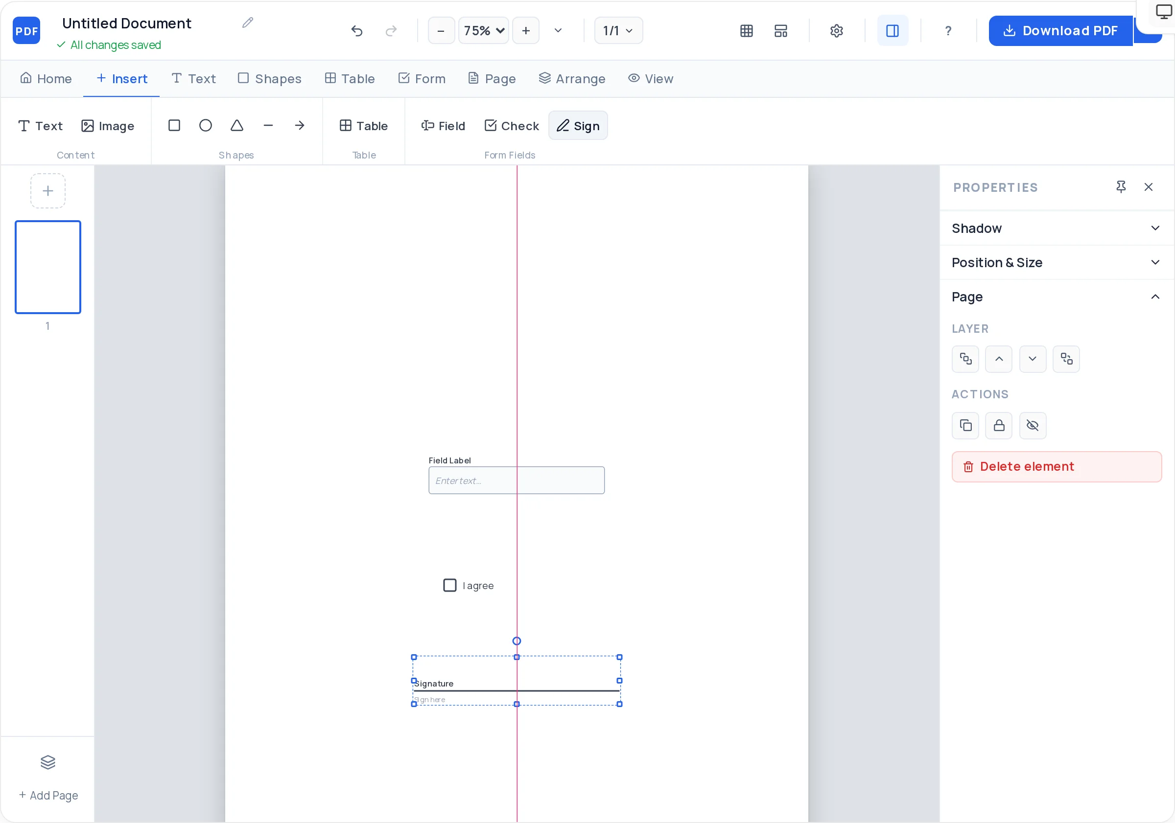 Adding fillable text fields, checkboxes, and a signature field to a PDF