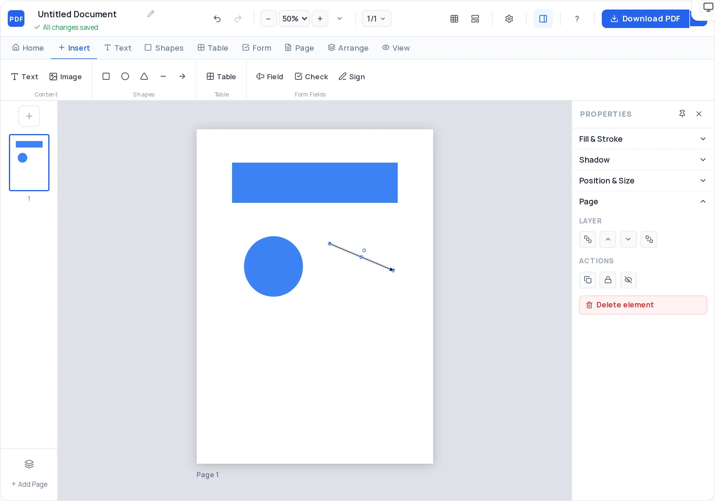 Drawing shapes and colored section bands in a PDF layout