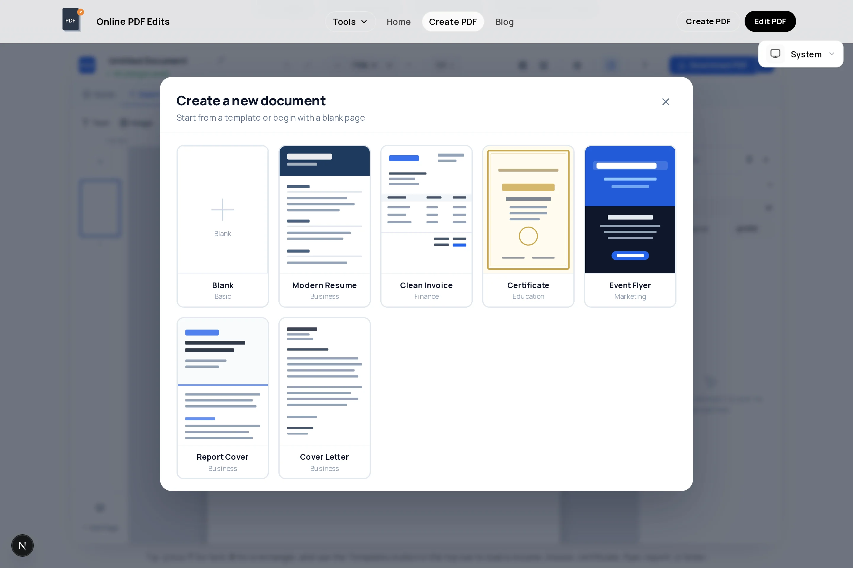 Template gallery in the PDF creator with resume, invoice, certificate, flyer, report, and letter layouts