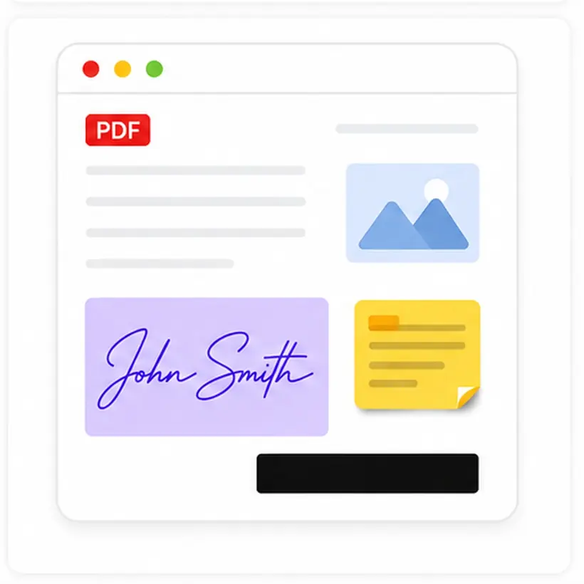A PDF open in the editor showing edited text, an image, a signature, and a redaction