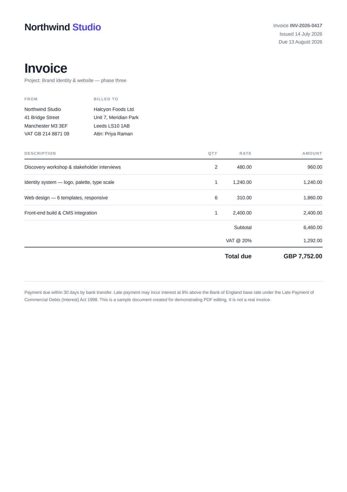 The same invoice after editing, with the project line changed to "phase three" and the table below unchanged