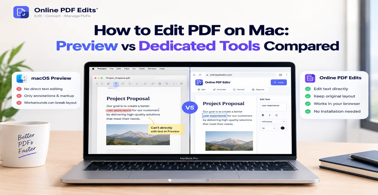 MacBook showing Apple Preview markup toolbar side-by-side with an inline browser PDF editor fixing document text