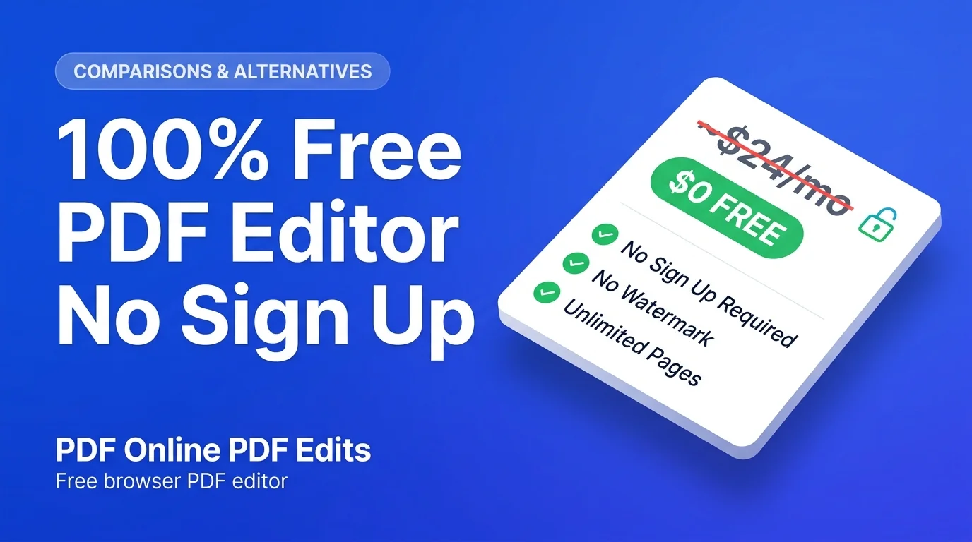 Browser interface showing a free PDF editor modifying text and signing documents without user registration