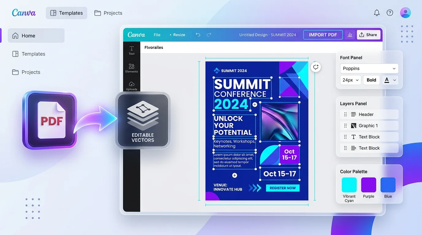 Canva workspace interface displaying accurate PDF flyer import with preserved fonts and vector alignment