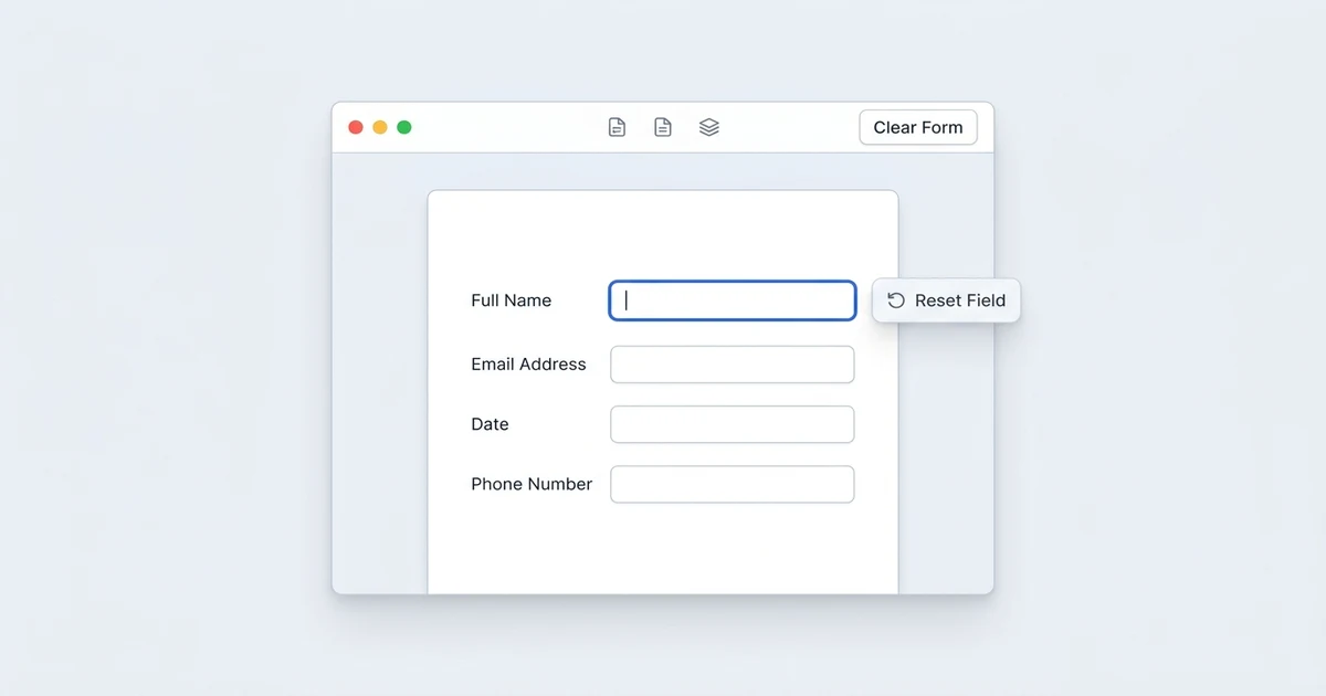 Reset and Clear Fillable PDF Form Fields Guide Illustration of a fillable PDF form with locked fields being cleared and reset